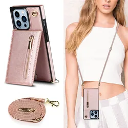 Zipper Wallet For iPhone 17 16 15 Plus 14 13 12 11 Pro Max X XS Air Case With Card Holder Lanyard Strap Crossbody Leather Cover