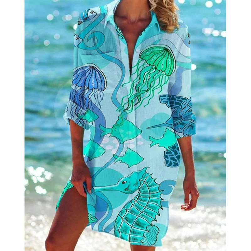 Hawaii Starfish Printed Sea Shirt Dress for Women Ladies Beach Sexy Blouses Outwear Shirt Long Sleeve Maxi Dress Vestidos Mujer