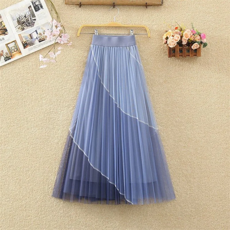 Mesh Skirt Elastic Waist Slim A-line Mid Length Pleated Skirt with Contrasting Color Stitching Women Comfortable Skirt 2023