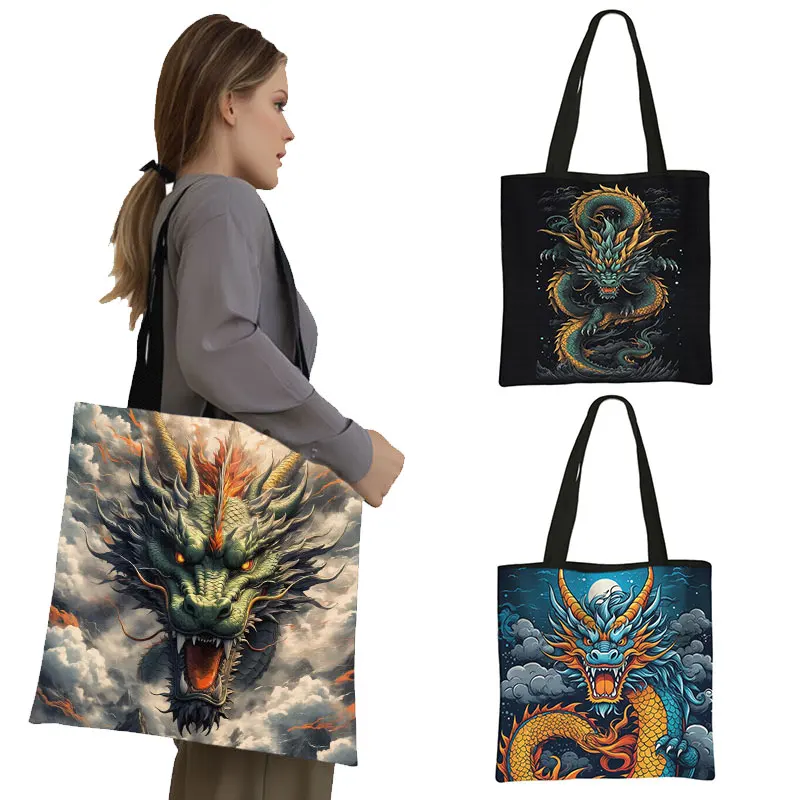 

Cool Chinese Dragon Pattern Shoulder Bag Women Handbags Large Capacity Totes Bag Harajuku Reusable Grocery Shopper Bags