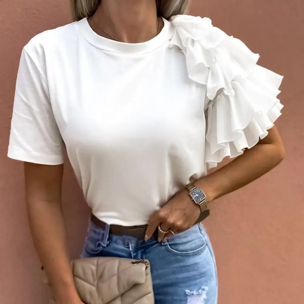 Asymmetric Loose T-shirt Top Summer Women Solid Color Layered Ruffles Summer Crew Neck Pleats T-shirt Lady Fashion Shirt Blouse