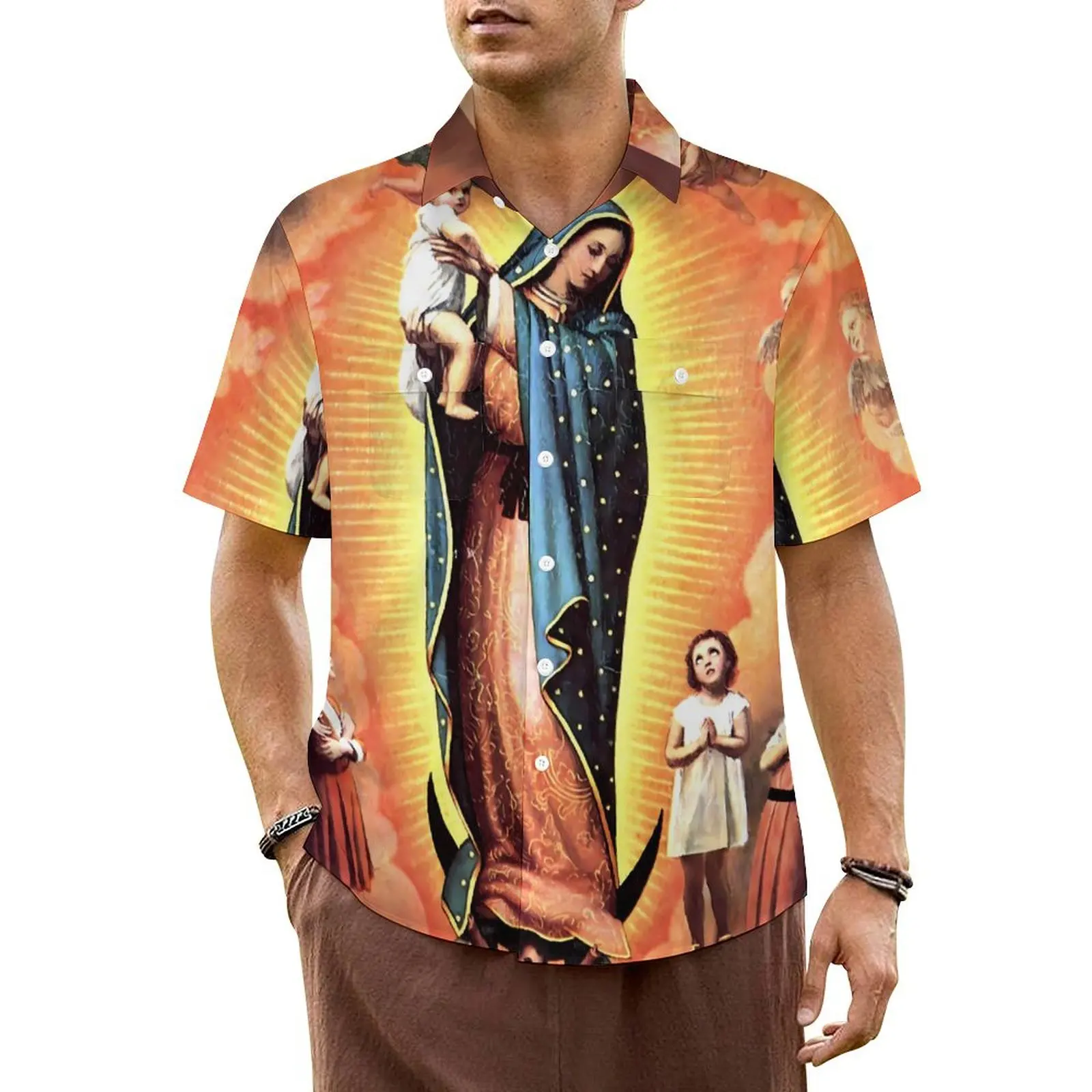 

Virgin Mary Beach Shirt Our Lady Of Guadalupe Hawaii Casual Shirts Man Vintage Blouses Short Sleeve Streetwear Graphic Top