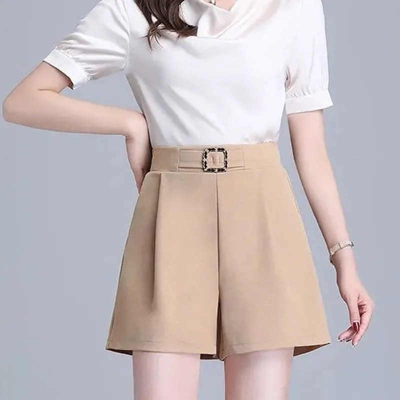 Office Lady Simplicity All-match High Waist Solid Color Shorts Summer Fashion Spliced Casual Pockets Pants Women's Clothing