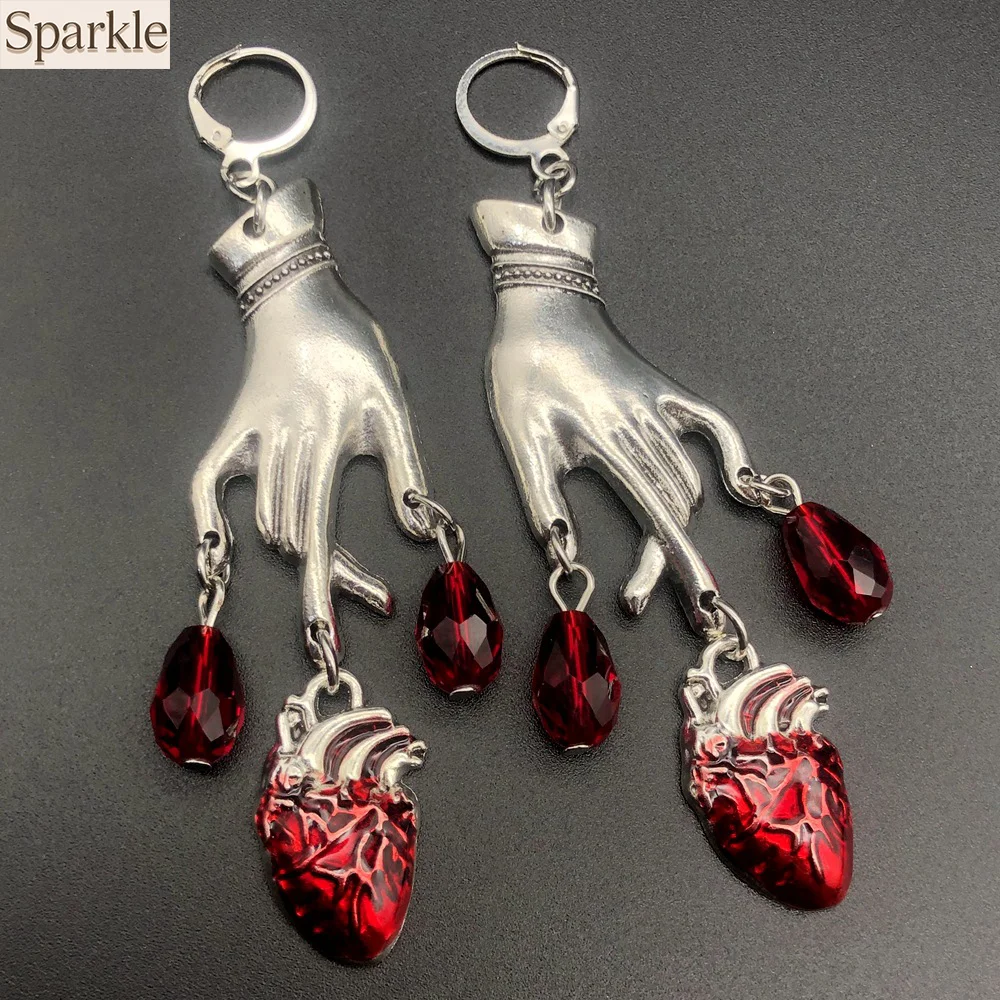 Gothic Vampire Ghost Bleeding Heart Earrings Punk Y2K Red Crystal Drop Earrings Unique Alternative Fashion Ear Jewelry for Women