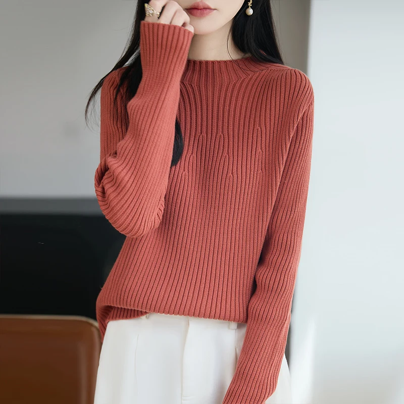 Autumn and winter new women's solid color semi high neck pullover 100% pure cotton high-end sweater slim fit women's top