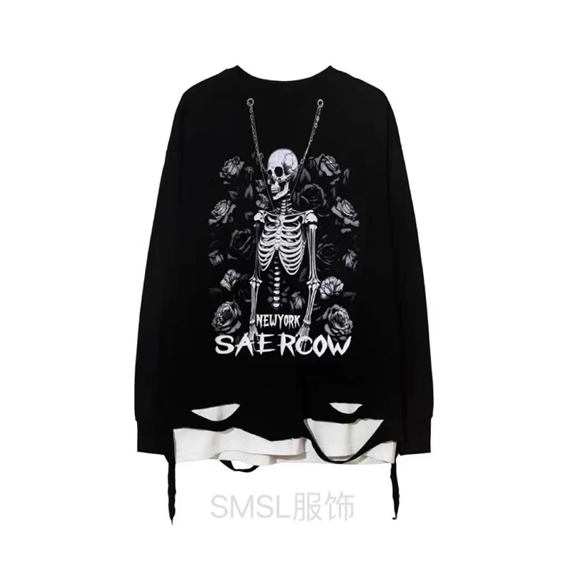 

Spring Rose Skeleton Print Men O Neck Long Sleeve Sweatshirts With Chain Fake Two Piece Spliced Ripped Hole Hip Hop Tops Unisex