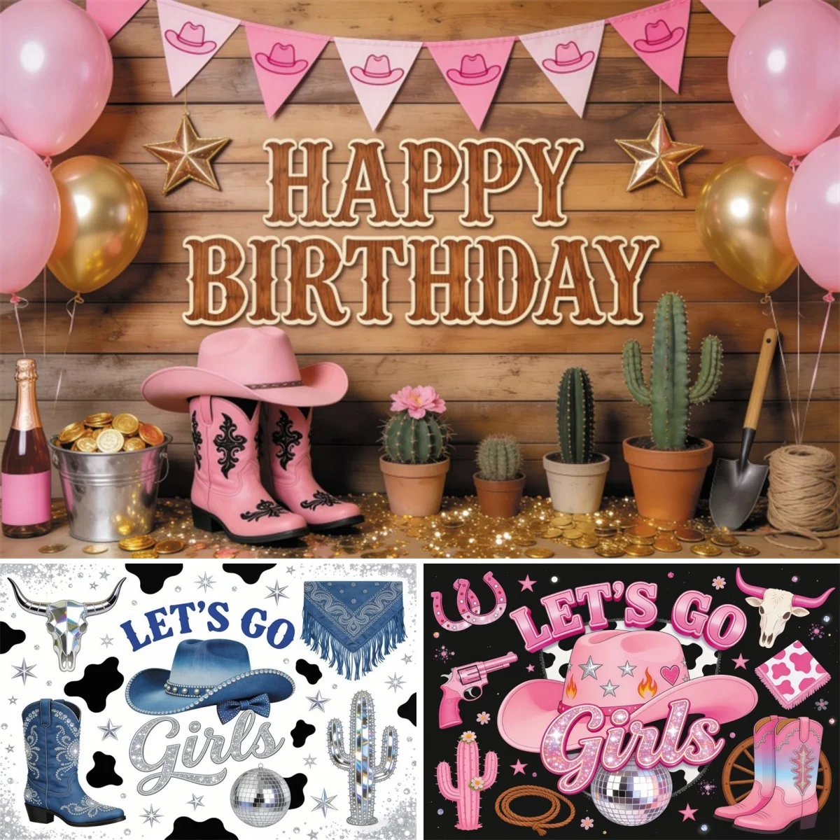 Let's Go Girls Cowboy Themed Photograpy Backdrop Western Rodeo Cowgirl Baby Shower Birthday Party Background Photostudio Props
