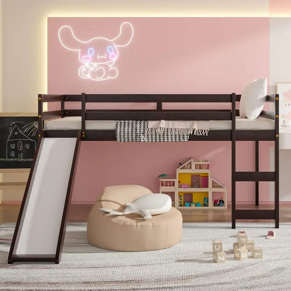 Twin Lot Bed with Slide, Low Loft Bed with Stairs, Solid Wood Twin Loft Bed with Climbing Ladders, Guard Rails & Slat Support
