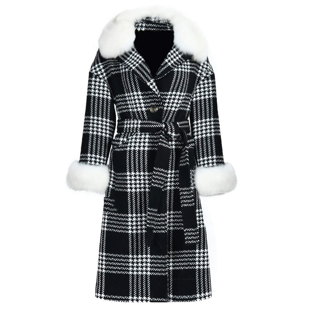 

Luxyonuo Fashion Plaid Wool Coat Real Fur Collar Women Winter 2022 Houndstooth Belt with Pocket Long Coat Thick Tweed Overcoat