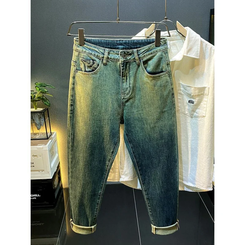 Celana Denim kasual pria, Jeans longgar nyaman regang lurus desain kelas atas Retro desain gradien musim gugur dan musim dingin