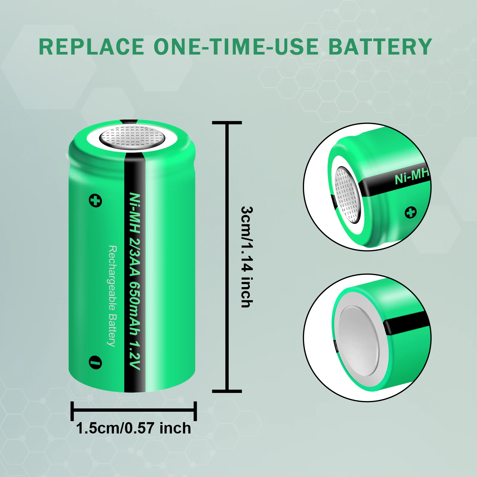 PKCELL 20-Count 1.2V 2/3AA Size NiMH Rechargeable Battery 650mAh Button Top Batteries for Solar Lights