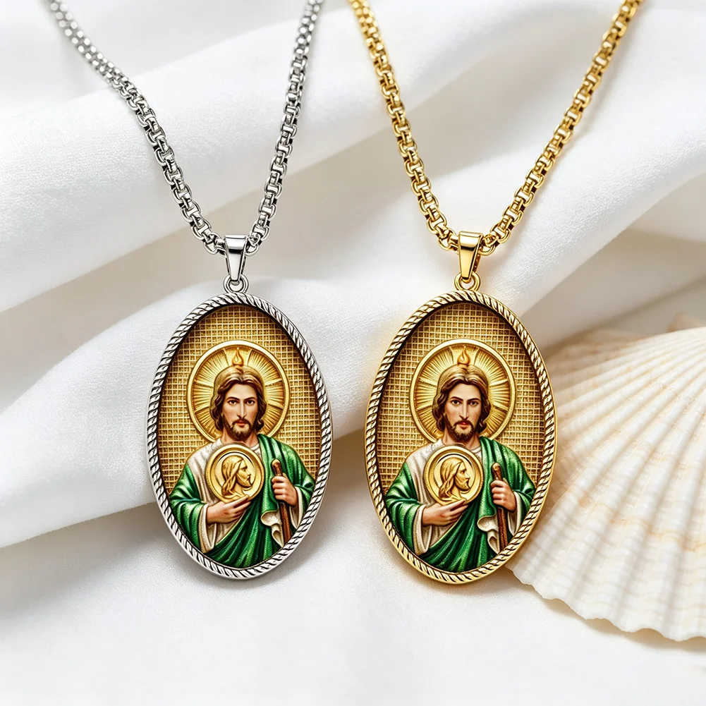 Saint Jude Thaddeus Oval Medal Pendant Necklace Color Picture Enamel Catholic Saint Faith Protection Amulet Religious Jewelry