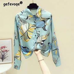 Women Vintage Fashion Print Button Up Shirt Spring Autumn Casual Street Chiffon Blouse Long Sleeve Loose Tops Blusas Para Mujer