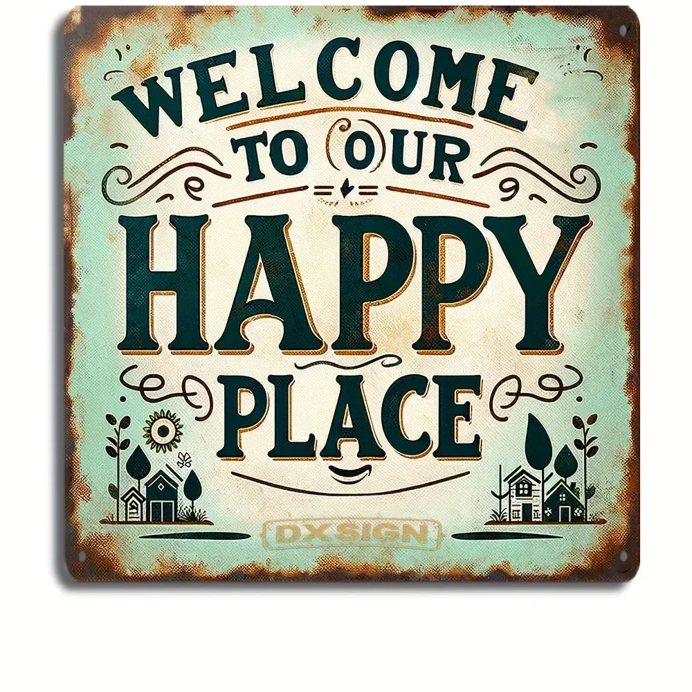 Vintage-Inspired 1pc Rustic Metal Tin Sign “Welcome to Our Happy Place” - 8x8 Inch, Wall Art for Family Home, Farmhouse Elegance