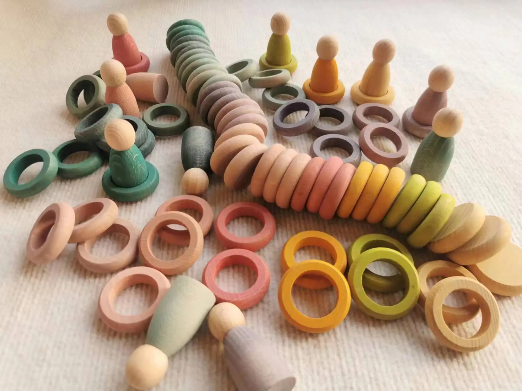 Kids Wooden Toys Beech Rainbow Coins and Rings Stacking Blocks with Peg Dolls Loose Parts