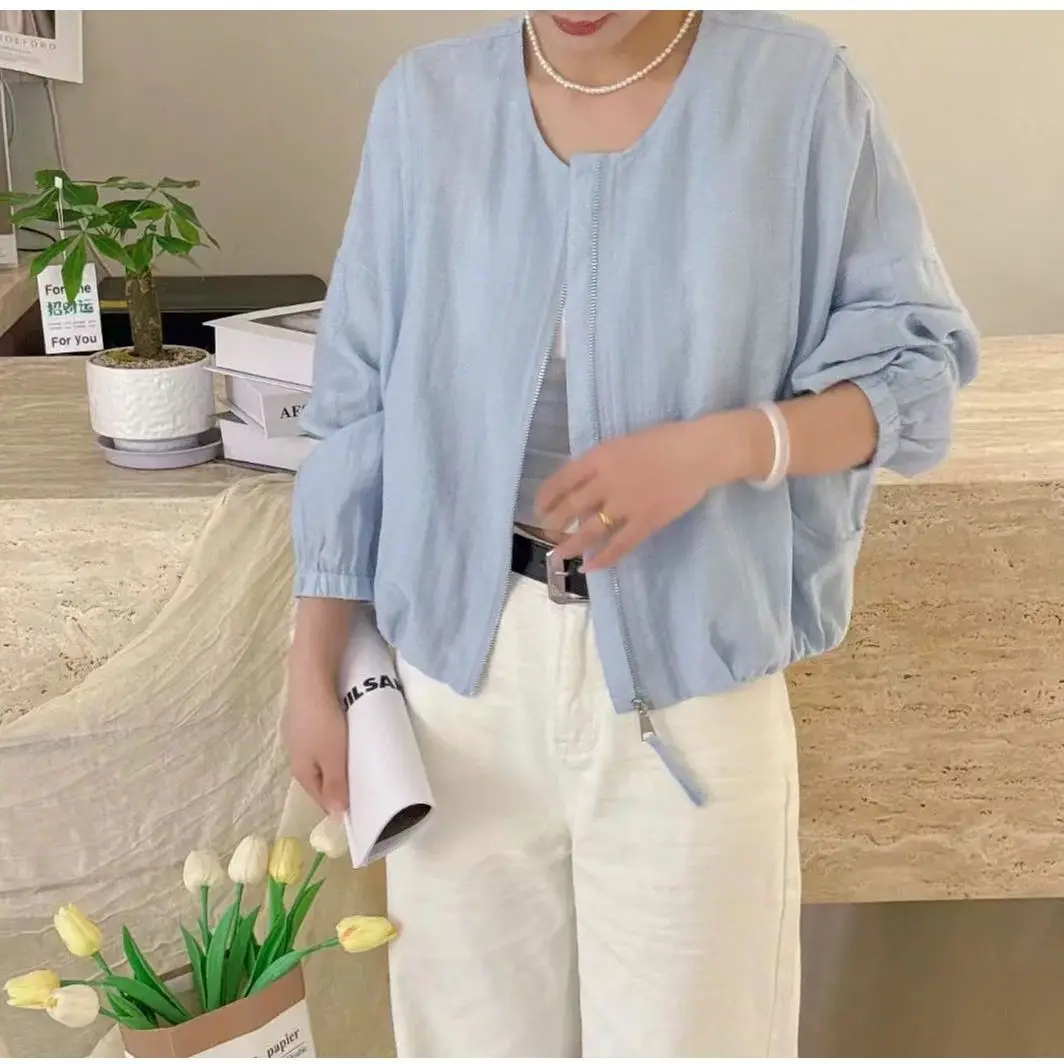 

Temperament Sun Protection Clothing Jacket Women 2026 Summer New Thin Sunscreens Coat Ladies Short Cotton Linen Cardigan Outwear
