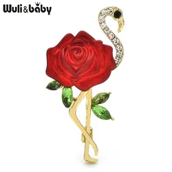 Wuli&baby Art Flower Flamingo Bird Brooches For Women Unisex Enamel Rhinestone Rose-flower Animal Party Office Brooch Pins Gifts