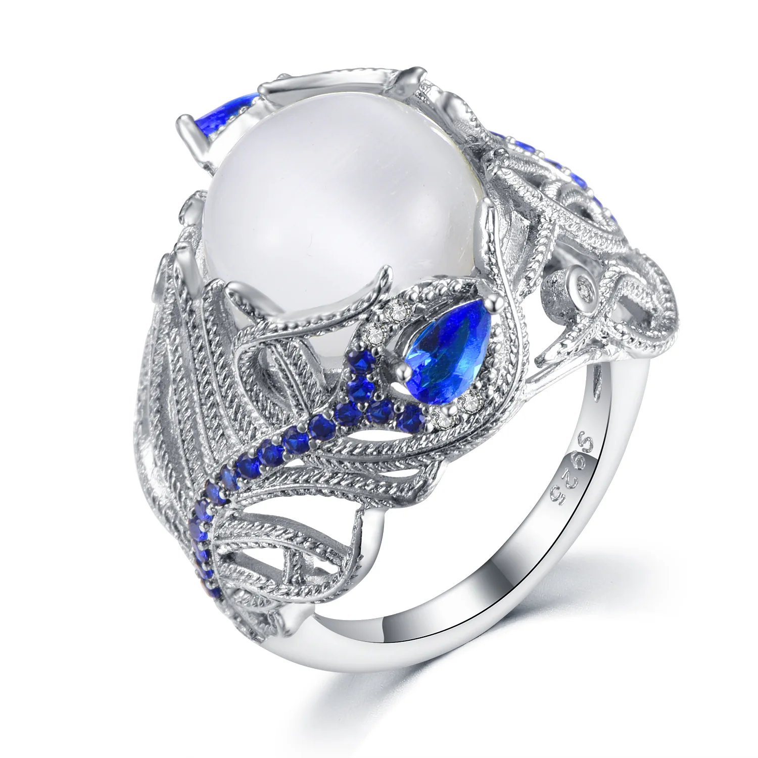 s925 sterling silver ring hot popular new model moonstone cat eye stone flower inlaid sapphire finger ring delicate jewelry 