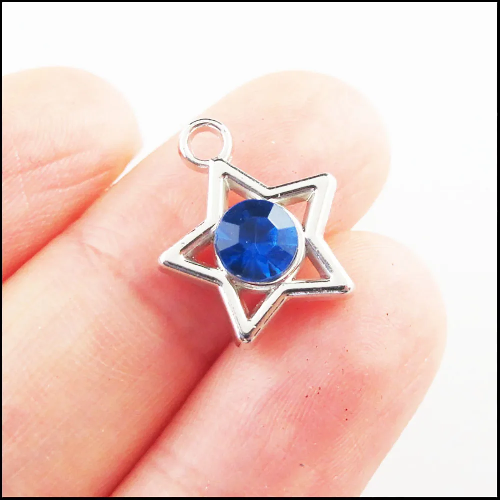 Fashion 30Pcs Mixed Crystal Dull Silver Plated Star Circle Charms Pendants 15x17mm