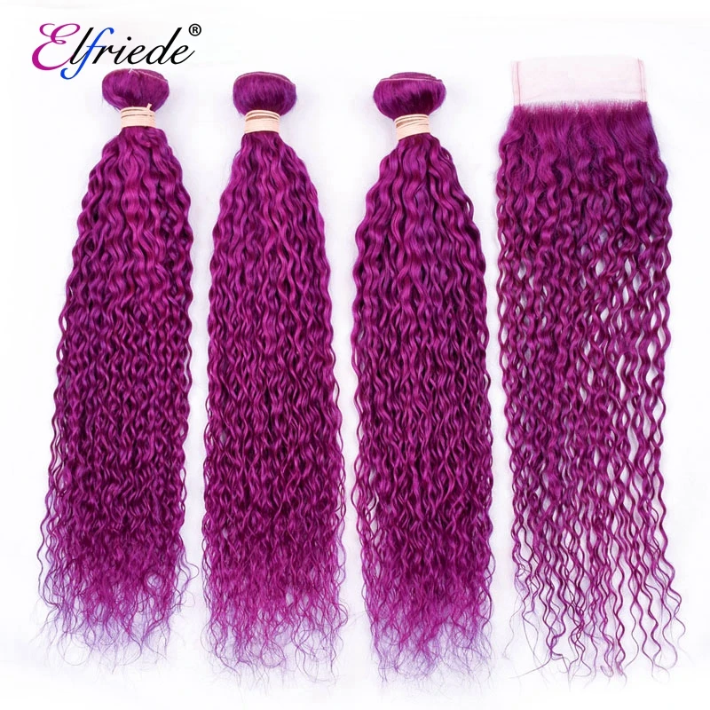 

Elfriede Purple Kinky Curly Precolored Hair Bundles with Closure 100% Remy Human Hair Weaves 3 Bundles with Lace Closure 4x4