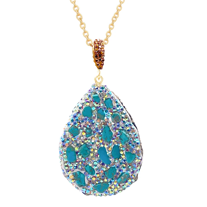 Micro Inlay Irregular Turquoise Pendant Jewelry with Rainbow Rhinestone for Women Girls Necklace Making