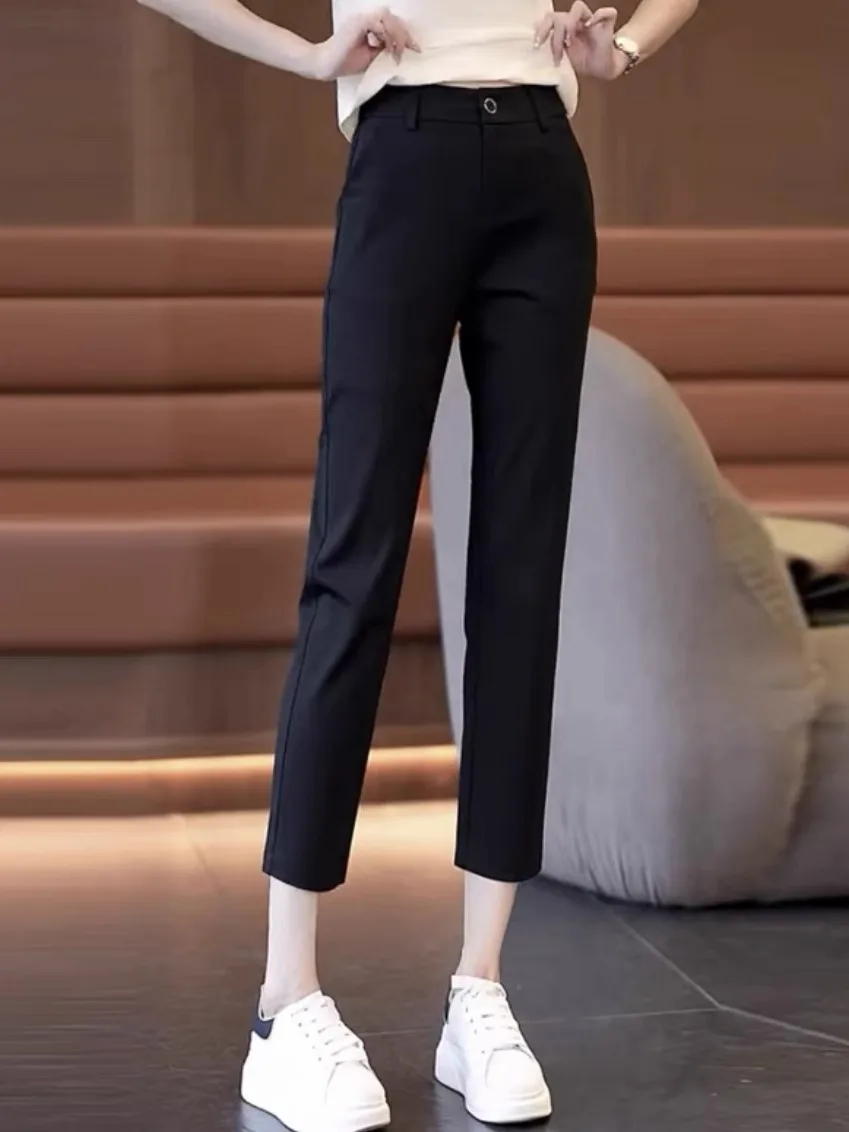 New 2026 Women's Ice Silk Straight Leg Pants Thin Casual Spring Summer High Waist Nine Points Suit Sle Qui Dry Commute Fa...
