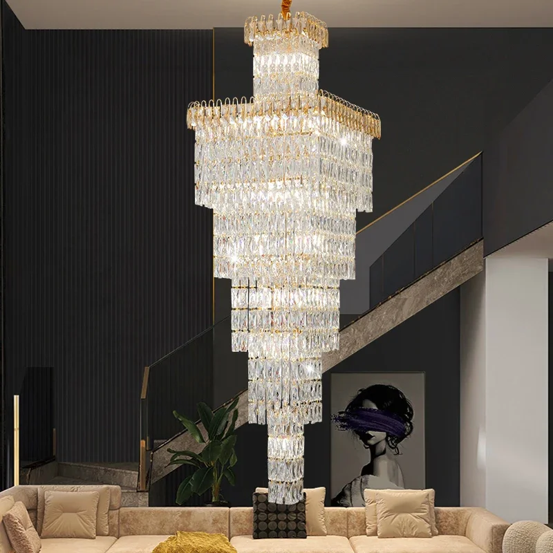 

Duplex Crystal Chandelier Living Room Hall Pendant Lights Modern Luxurious Atmospheric Villa Staircase Long Hollow Chandelier