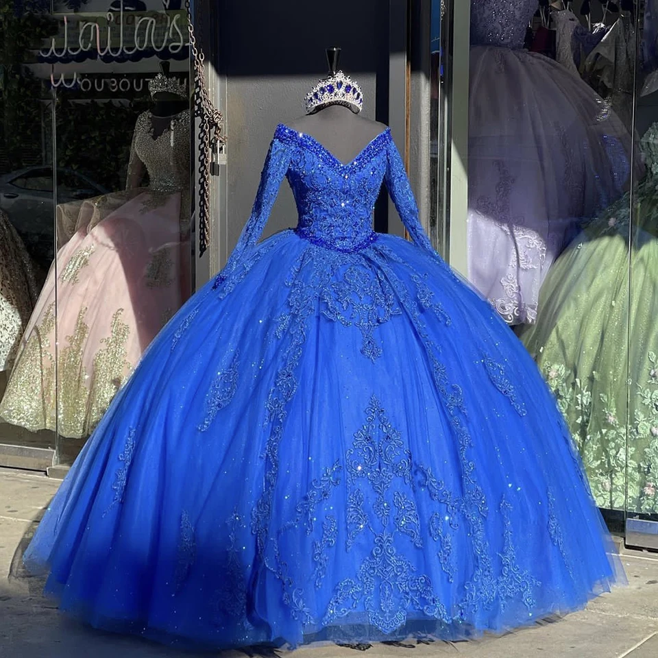 Luxury Blue V-Neck Sequin Off The Shoulder Evening Dress 2025 Ball Gown Appliques Floor Length Sweep Train Quinceanera Dress