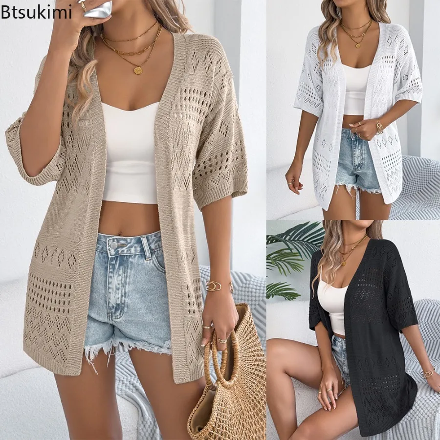 

2025 Casual Solid Hollow Out Knitted Cardigan Summer Fashion Lightweight Sunscreen Shirts for Women Breathable Outerwear Tops