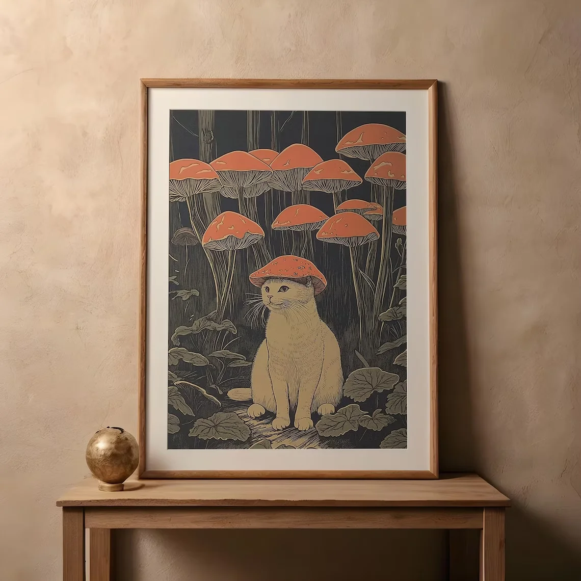 Cat With Mushroom Hat | Whimsical Cat Art | Fantasy Forest Art | Vintage Cat Mushroom | Cat Decor | Retro Cat Artwork | Woodland