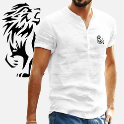 Men's Casual Shirt Lion Print Short Sleeved Cotton Linen Top Summer Lightweight Wear Men Clothing T-shirts High Quality