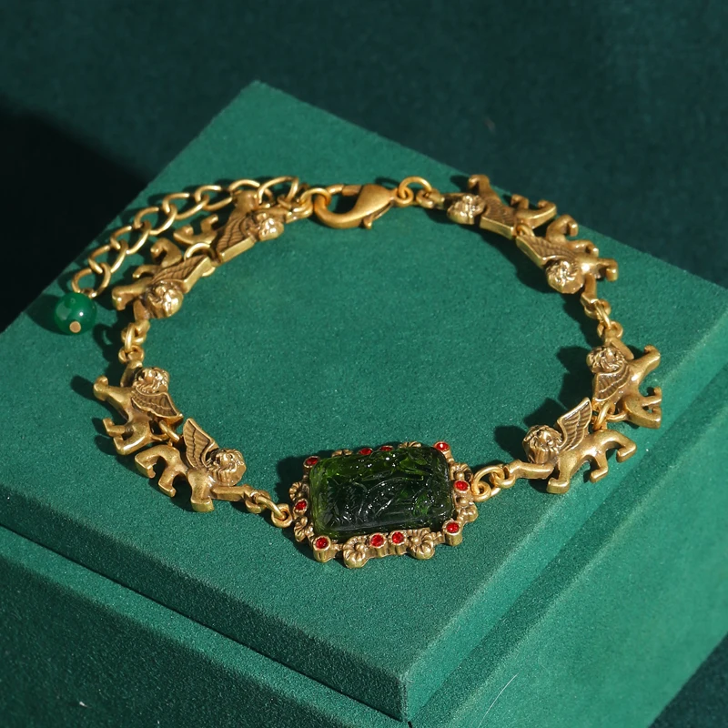 Vintage Square Green Resin Bracelets Antique Gold Color Stone Jewelry Luxury For Women 2026 New Arrival Spring Festival Gift