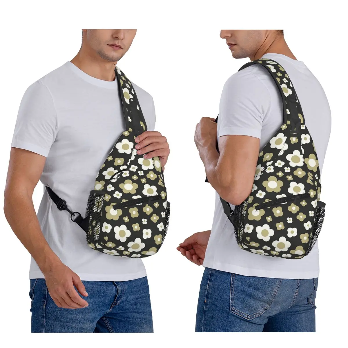 Black And Sage Green Groovy Ditsy Daisies Chest Bag Men Sling Crossbody Backpack Chest Bag Traveling Hiking Daypack Shoulder Bag