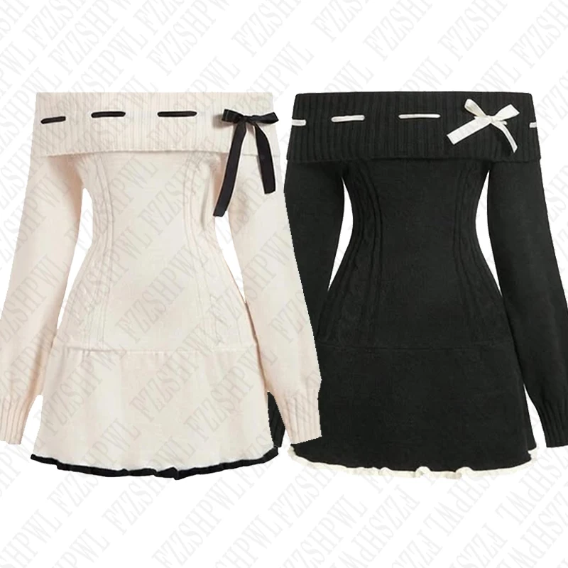 Y2K-Jersey de punto informal para mujer, estética Harajuku, Sexy, ajustado, diseño de lazo elegante, suéter con cuello de un hombro, ropa gótica Punk Rock