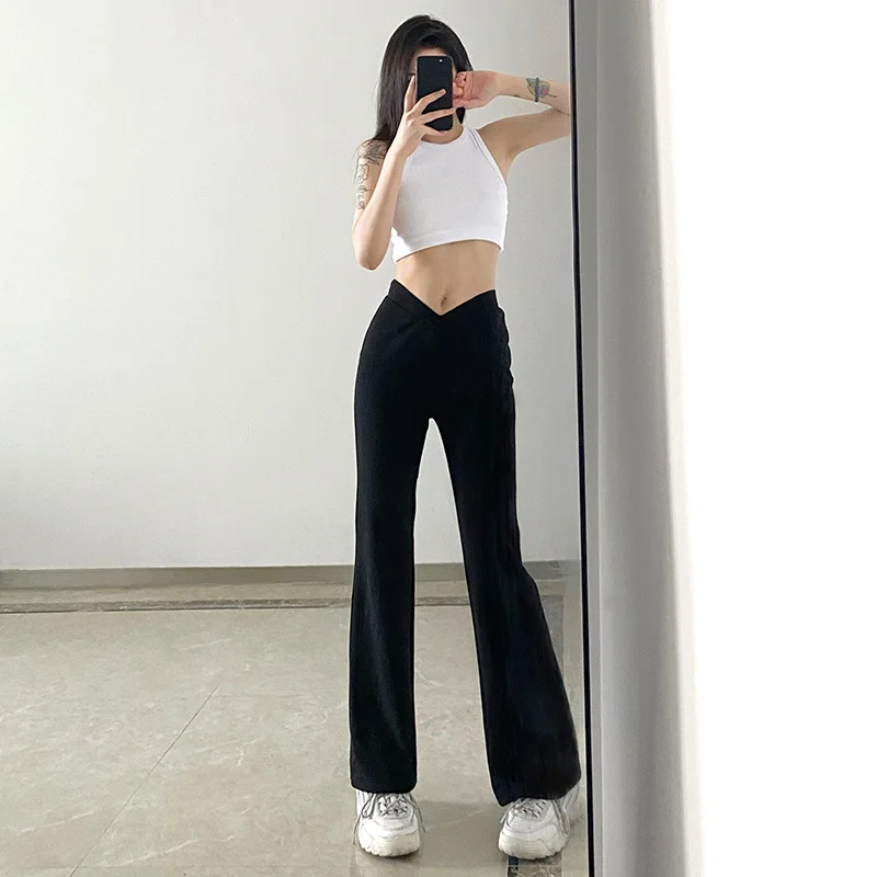 Women Causal Pants V-shaped Low Waist Suit Pants Hot Girls Wide Leg Flared Pants Black Trousers