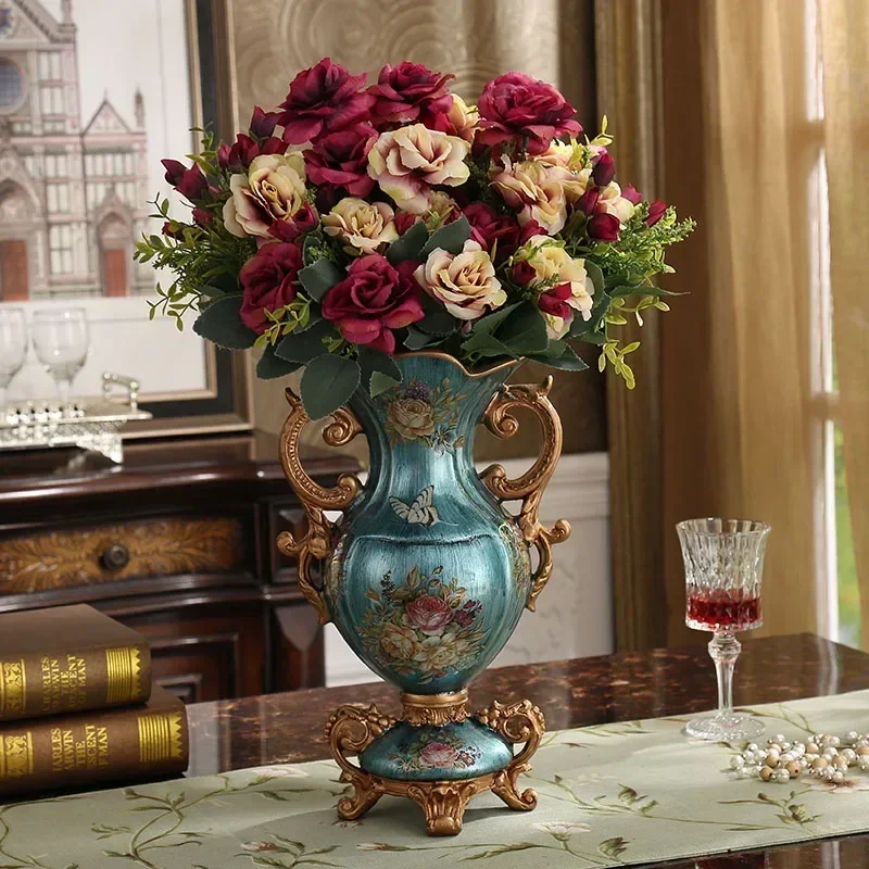 

European Luxury Palace Resin Vase Ornaments Home Room Desktop Figurines Crafts Decoration Wedding Gift Retro Silk Flower Pot Art