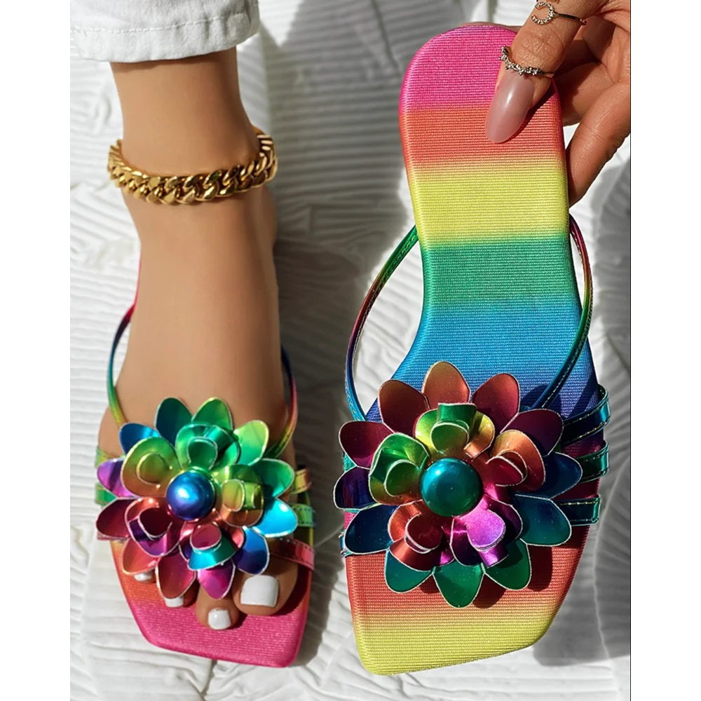 

Women Summer Rainbow Ombre Floral Pattern Slippers for Vacation Going Out Multi Spaghetti Strap Square Toe Sandals Summer Shoes