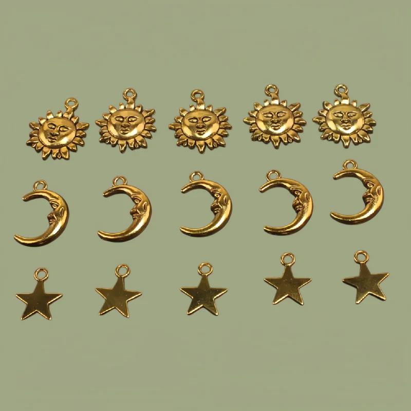 15pcs Mixed Antique Gold Color Sun Moon Star Alloy pendant DIY Charms Bracelet Earrings Jewelry Carfts Making M2200