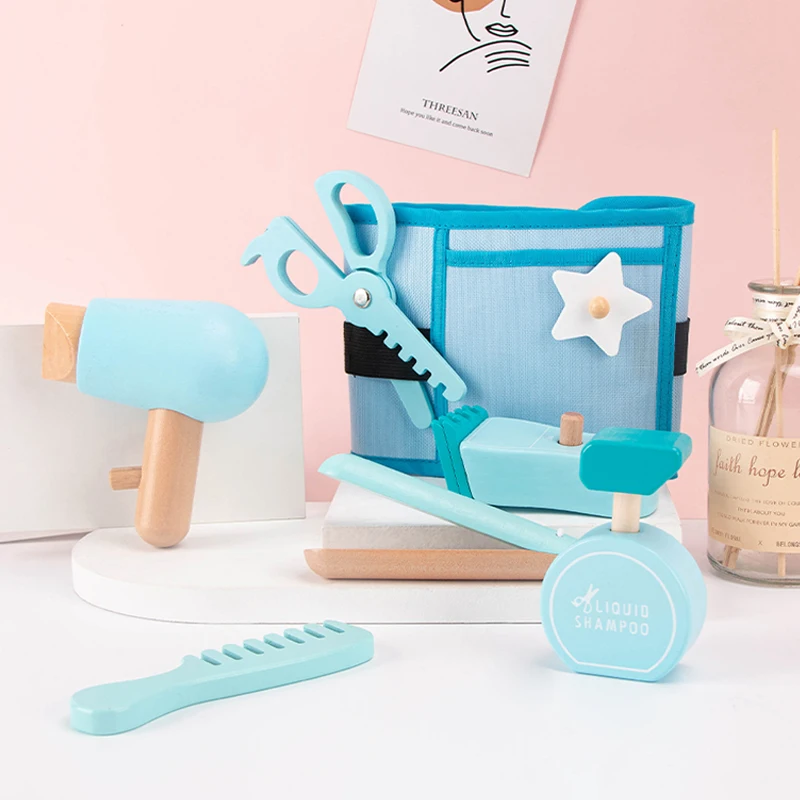 Barber Fanny Bag Wooden Simulation Role-Playing Interactive Toy Simulation Washing And Cutting Hair Blowing Children's Gifts