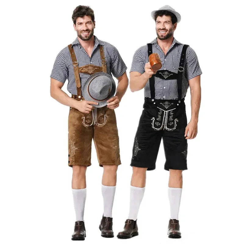 

Nen Men German Oktoberfest Lederhosen Costume Short Sleeve Plaid Shirt Suspenders Hat Set Beer Festival Male Cosplay Halloween