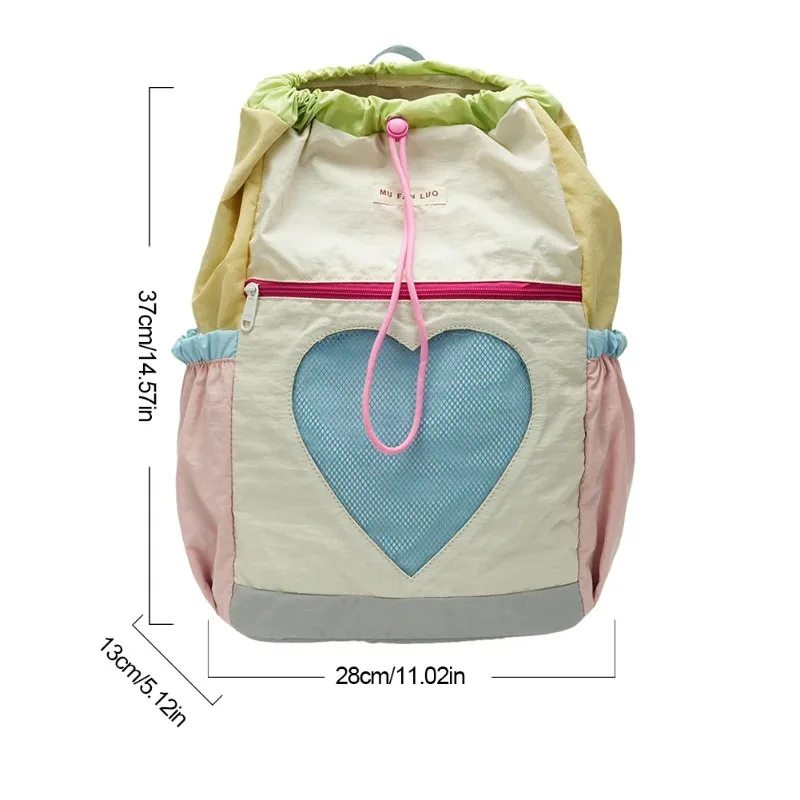 Bookbag for Women Girls Color-Block Daypack Nylon Drawstring Laptop Backpack Adjustable Strap Rucksack for Travel School