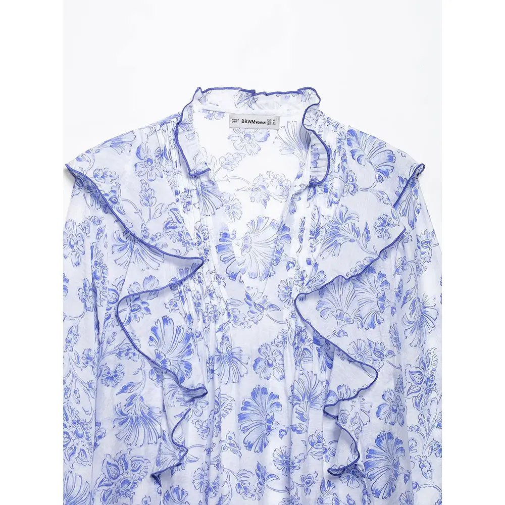 DUOPERI femmes mode imprimé à volants plissé pull Blouse Vintage col en v manches longues femme Chic dame chemises Camisas Mujer