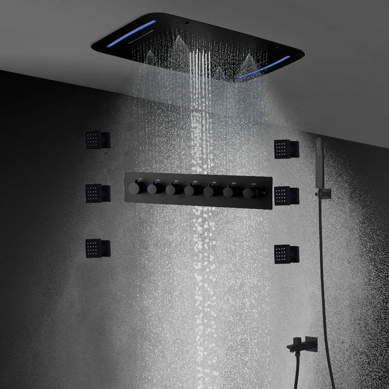 Luxury Thermostatic Black LED Shower System Bathroom Ceiling Mist Rain Waterfall Shower Combo Set with Spray Jets