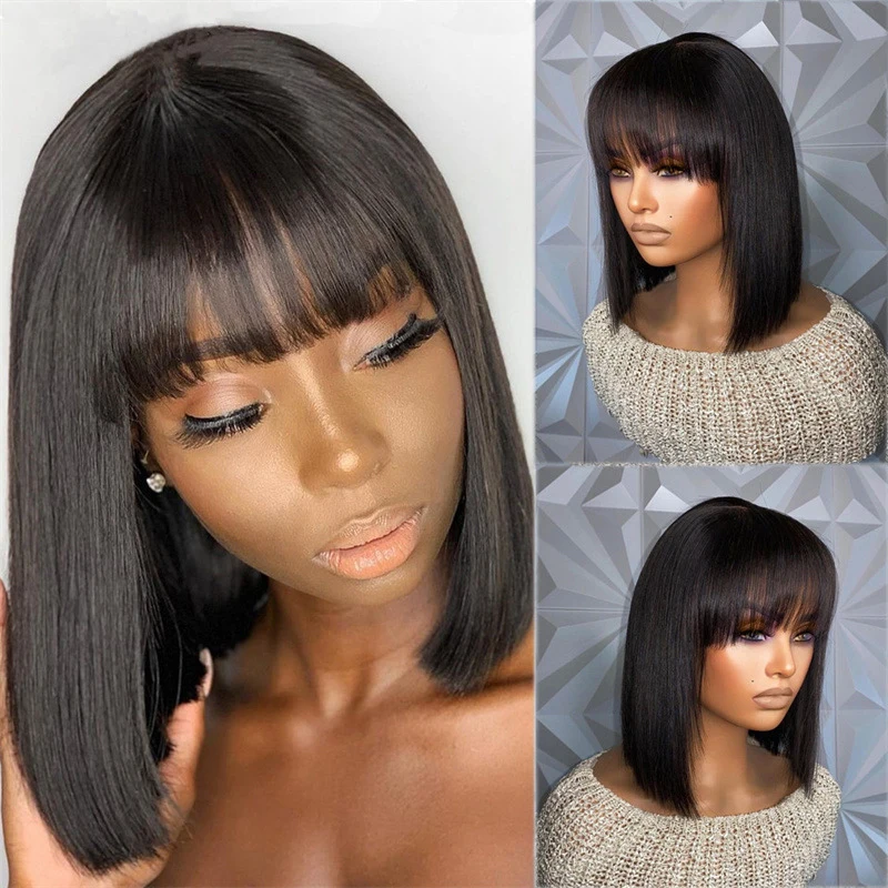 

Women's short straight bob wig, European and American fashion, with bangs, synthetic fiber, collarbone length