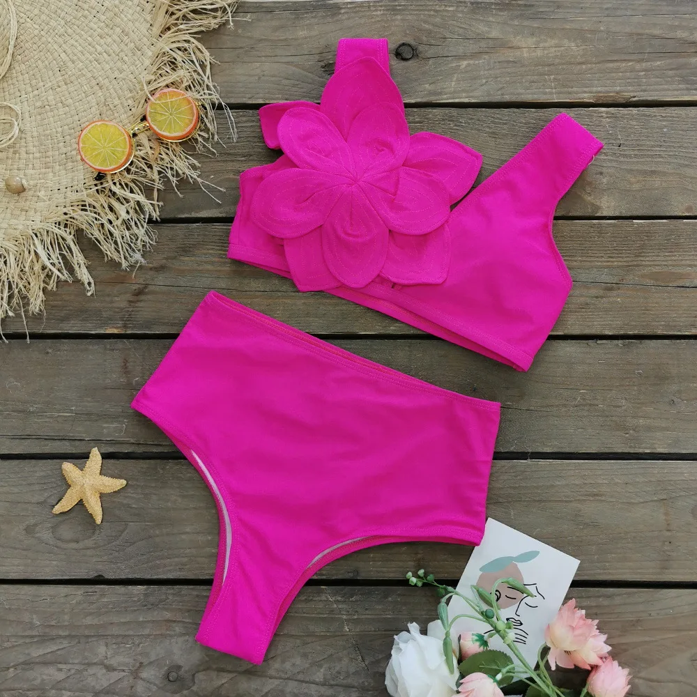 Sexy Women Swimwear 2024 Red Color Shoulder 3D Flower Bikinis One-Piece Swimsuit High Waist Fashion Irregular Skirt Bathing Suit