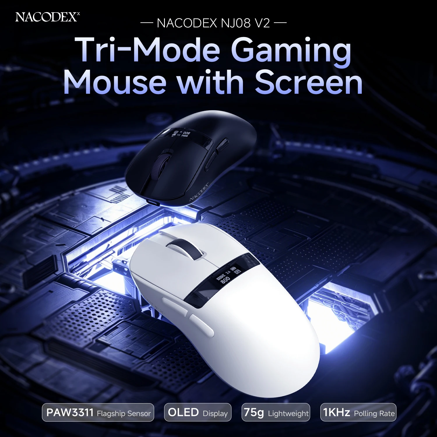 Mouse Gamer AJAZZ NJ08 V2 Tri-Mode, Sensor PAW3311 com Taxa de Polling Dupla de 1K, Bateria de 300mAh, Display Digital OLED, Leve