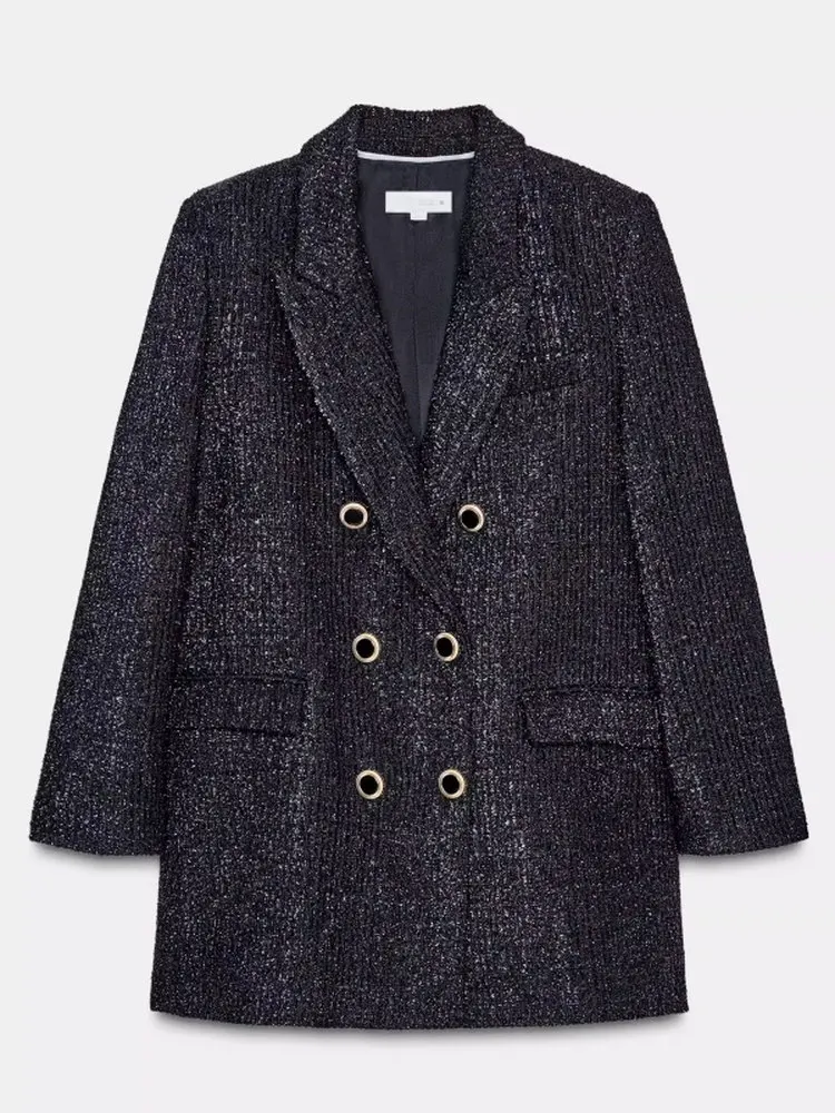 

Новое поступление зимы 2022, женский костюм Jaet Pad oulder, металлический цвет, двубортный воротник с вырезом, длинный свеч, стандартный крой, пол...