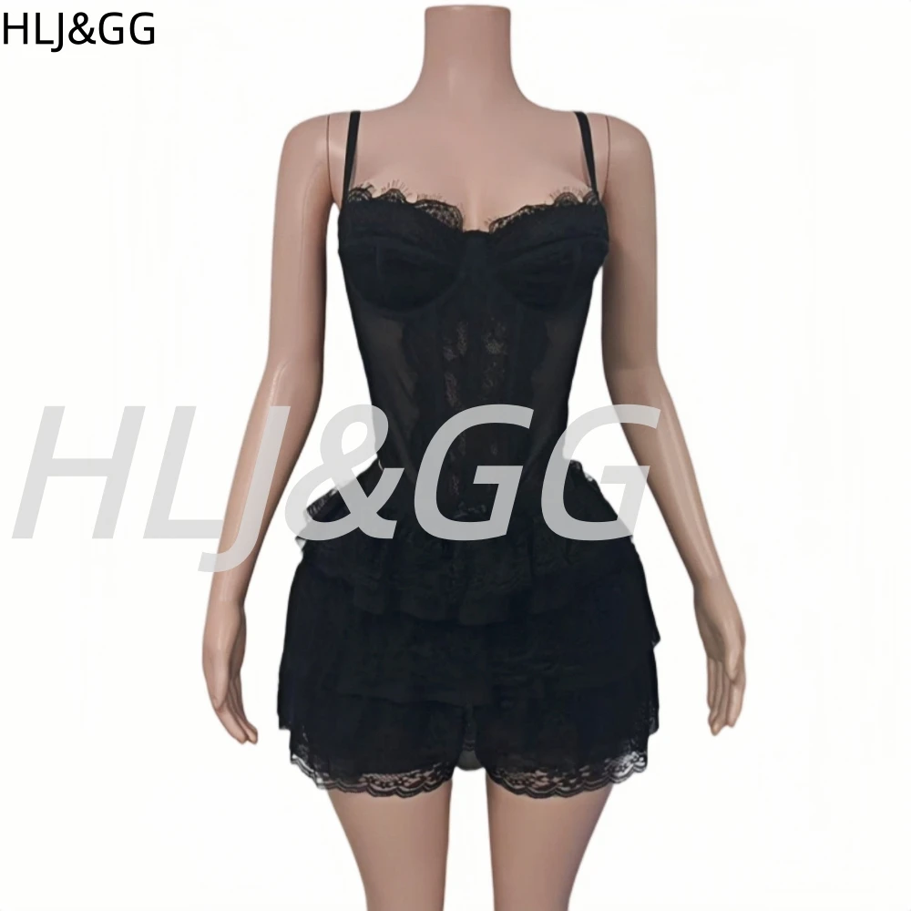 HLJ&GG Black Sexy Off Shoulder Bandage Corset Two Piece Sets Women Slim Crop Top And Lace Ruffle Mini Skirts Outfits Streetwear view 5