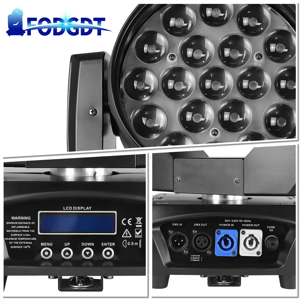 Projecteur de Lumière à Tête Mobile 19x15W LED RGBW DMX, Éclairage Professionnel à Effet de Scène pour DJ DISCO Bar Discothèque