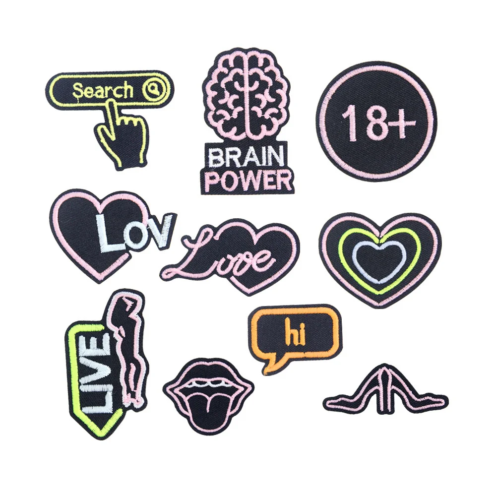 New Night Glow Patch Embroidery Patch DIY Mouth Love Element Iron On Patches for Clothing Embroidered On Clothes Sew Sticker